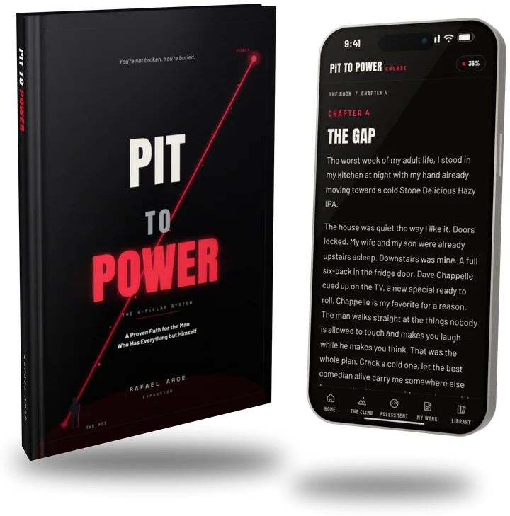 The Pit to Power book next to a phone with Chapter 4, The Gap, open inside the course